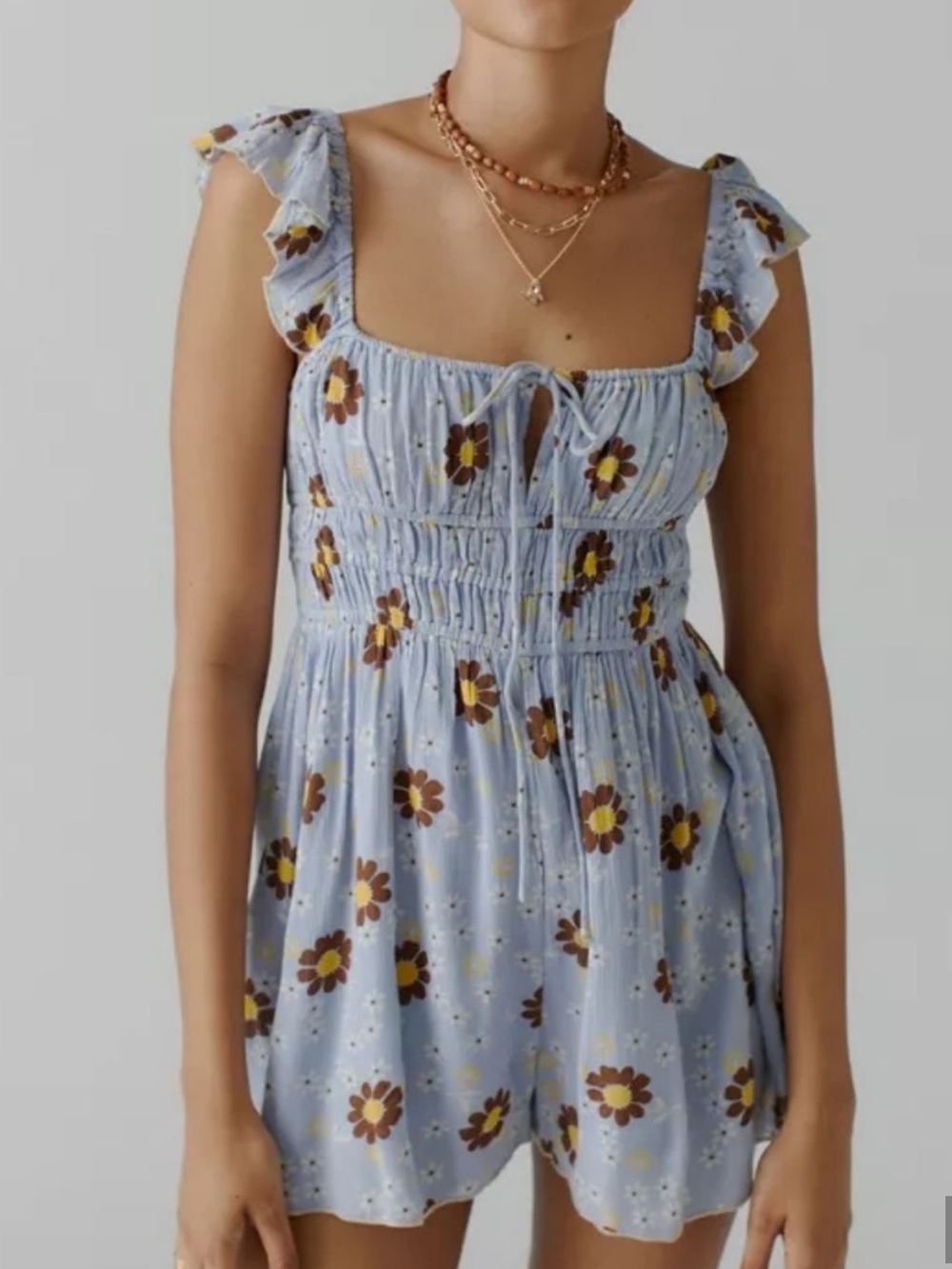 Urban Outfitters Light Blue Floral Tie-Front Romper Flutter Sleeve Medium Small